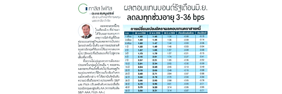 ผลตอบแทนบอนด์รัฐเดือน มิ.ย. ลดลงทุกช่วงอายุ 3-36 bps